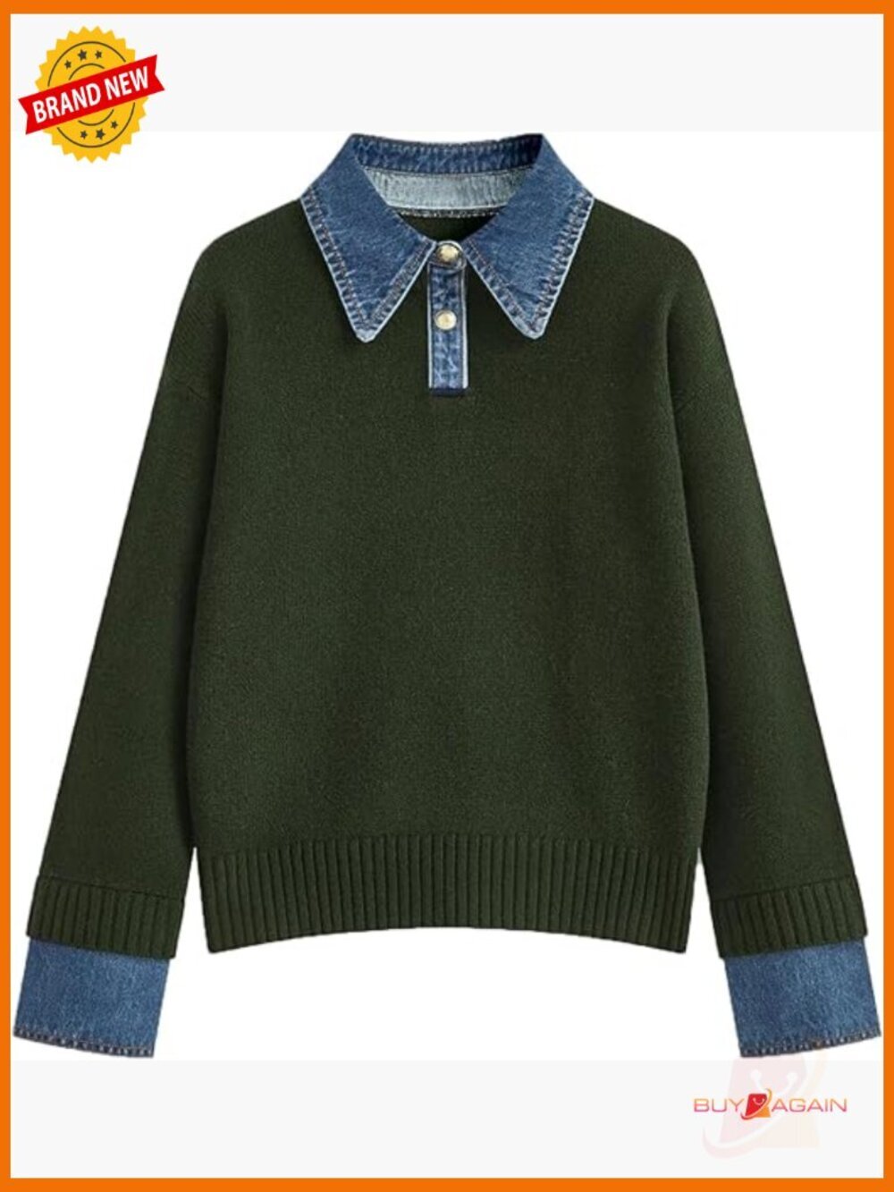 Oversized Cable Knit Pullover Sweater with Denim Collar Long Sleeve